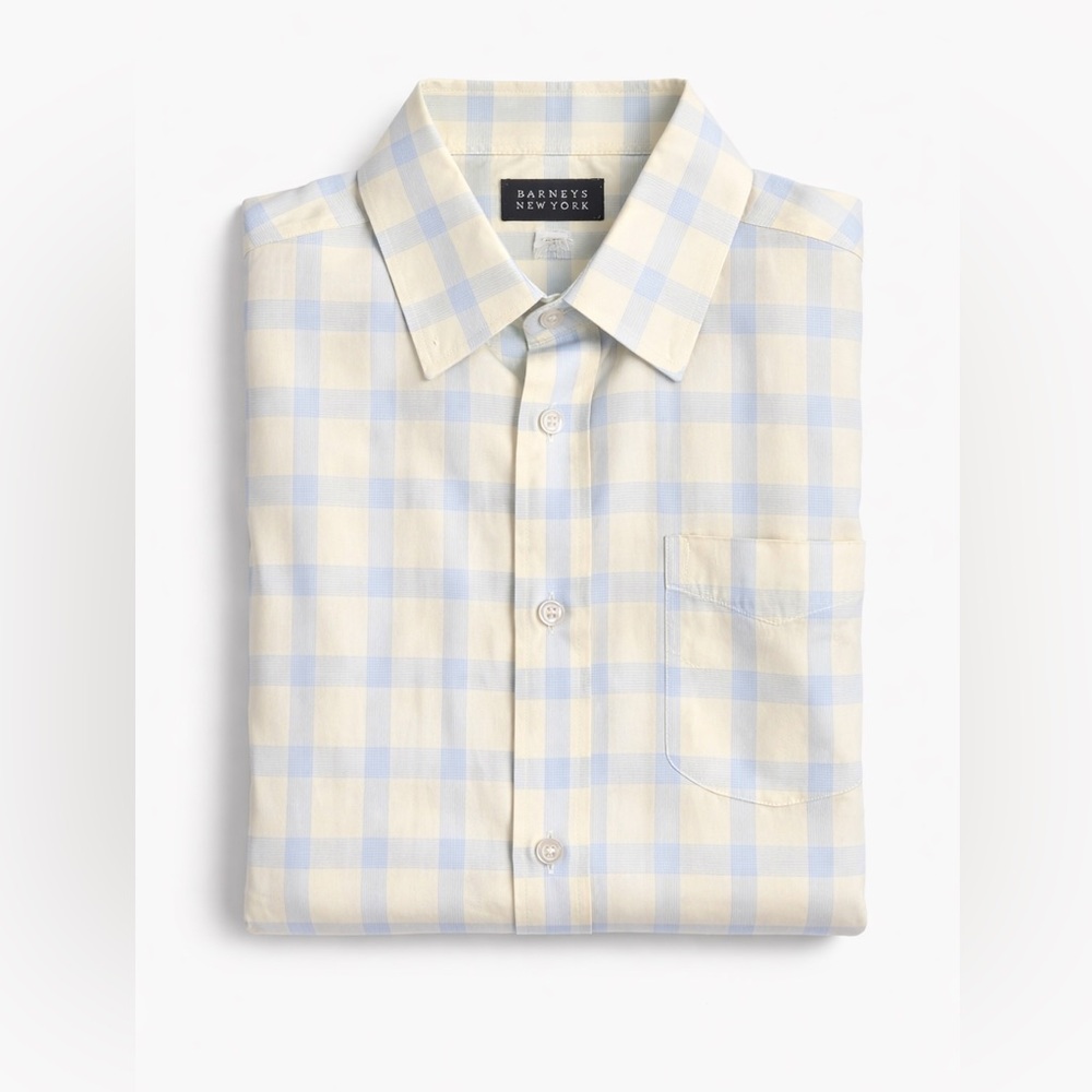 Barneys New York Men’s Short Sleeve Button Down Shirt Blue Plaid Size L